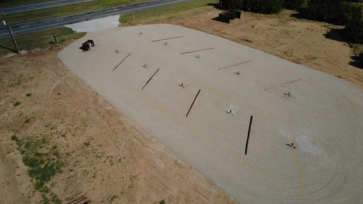 Overhead view of the marked RV sites, each with a hookup post